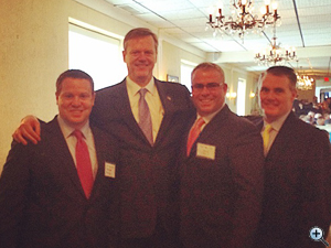 Bryan Shanley and David Daly pictured with Governor Charlie Baker and Mayor Rodney Elliott
